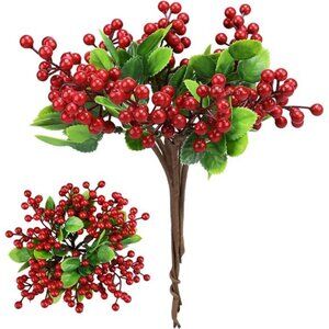 6 Pack Christmas Picks Artificial Red Berry Stems Fake Holly